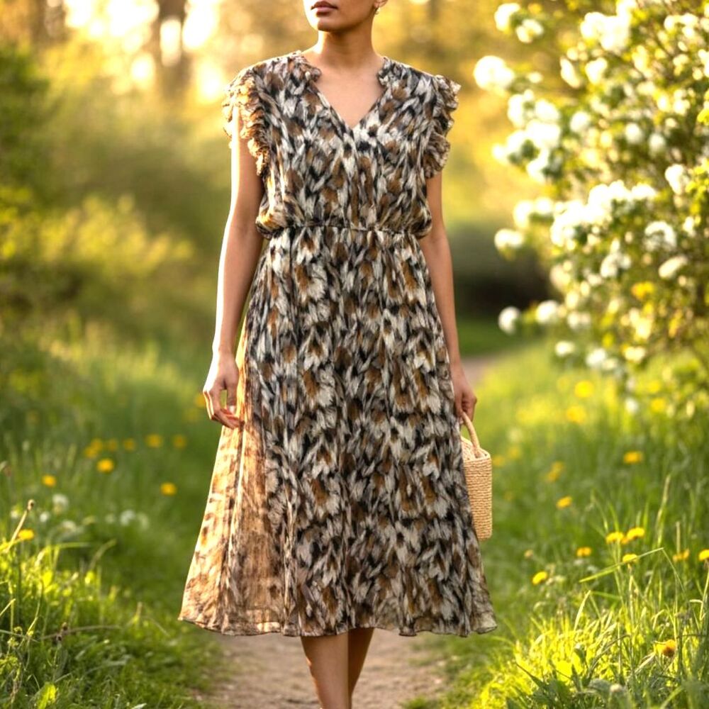 Steve Madden Abstract Feather Print Chiffon Midi Dress Ruffle Wedding Guest